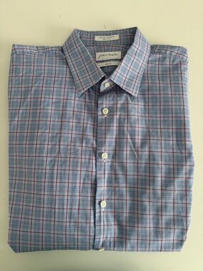 John W. Nordstrom Blue Plaid Dress Shirt with Red Windowpane. Trim fit. 36-37